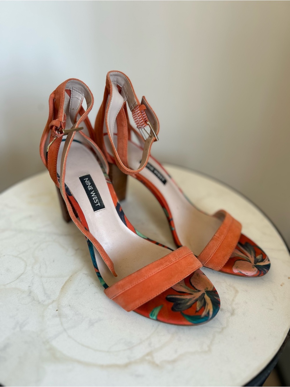 Nine West Orange Suede Floral-Inset Block Heel Sandals